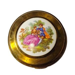 Vtg Courting Couple Brass Porcelain Ladies Mirrored Powder Compact Great Britain